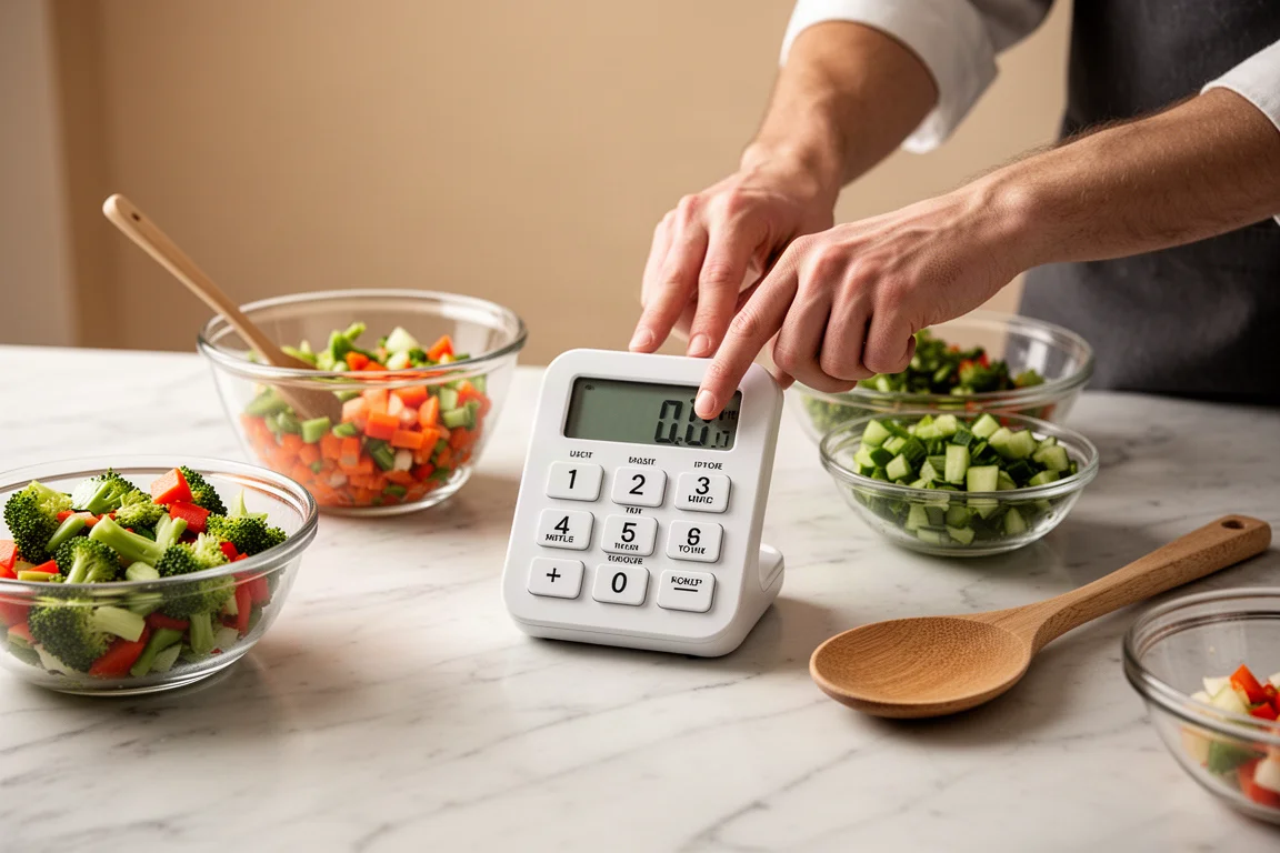 Hands of a cook setting a timer while preparing ingredients on a counter