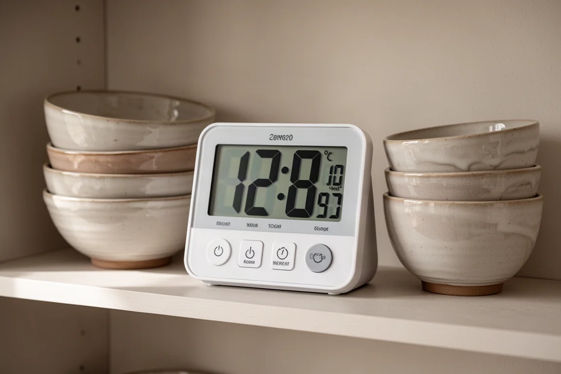 Large single-event timer with big digits sitting on a kitchen shelf