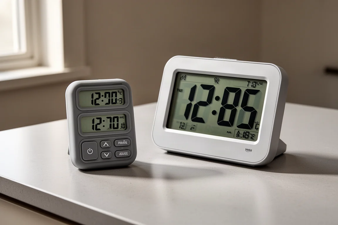 Two digital kitchen timers on a light grey countertop