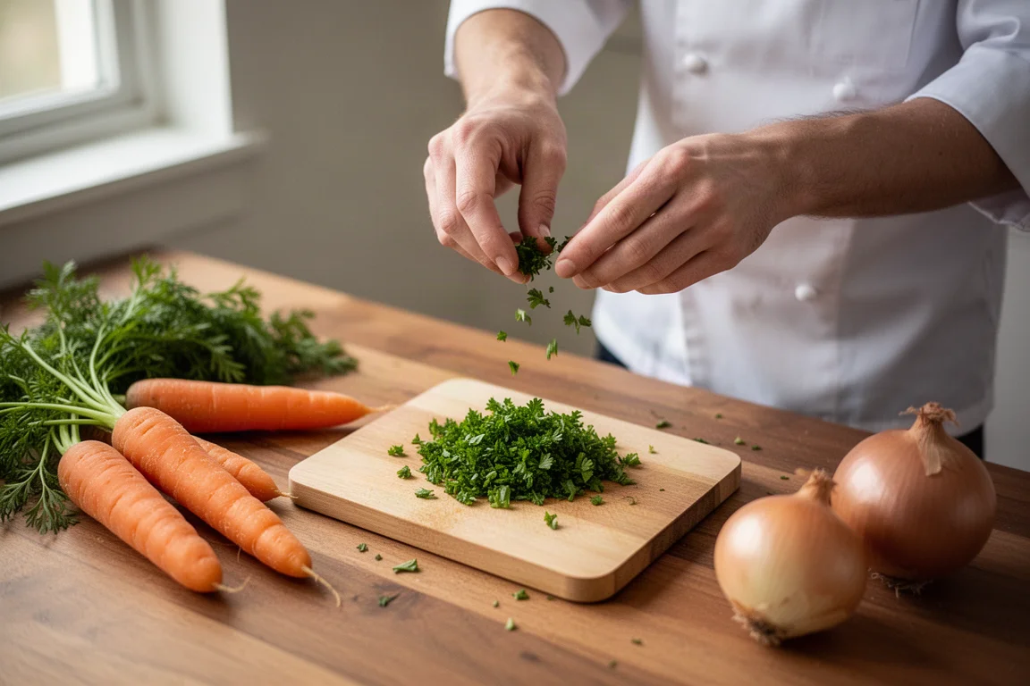 Cook's hands mincing fresh herbs on a small cutting board in a bright kitchen