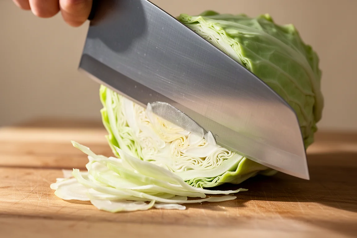 Thin slices of cabbage falling away from a sharp rectangular knife blade