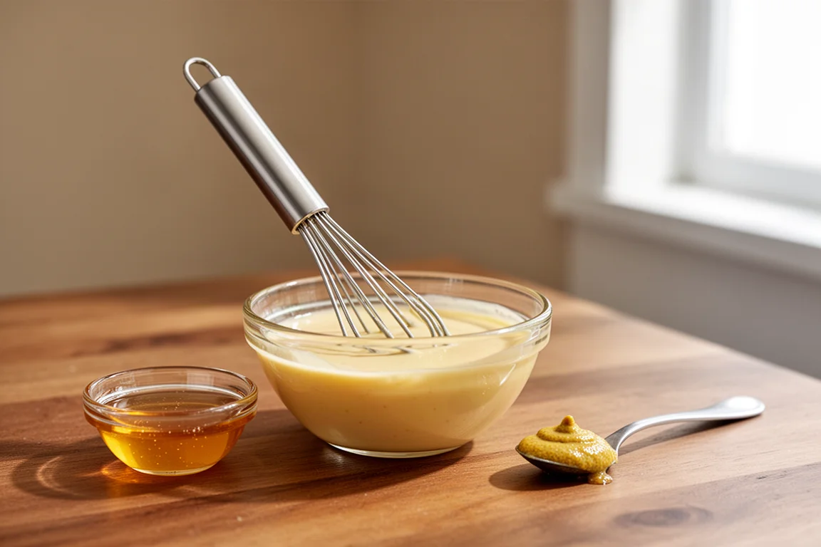 Mini whisk blending a honey mustard sauce in a small glass bowl