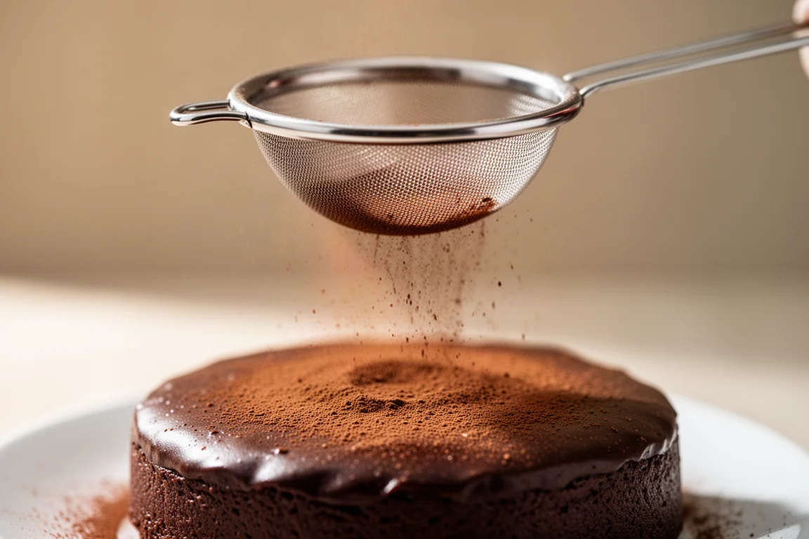 Fine mesh strainer dusting cocoa powder over a dessert in soft light