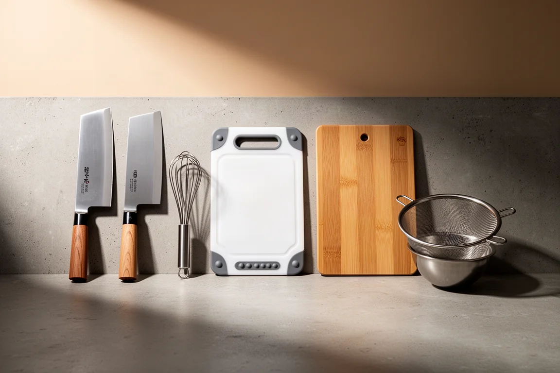 Two nakiri knives, mini whisk, two cutting boards, and a fine mesh strainer arranged on concrete