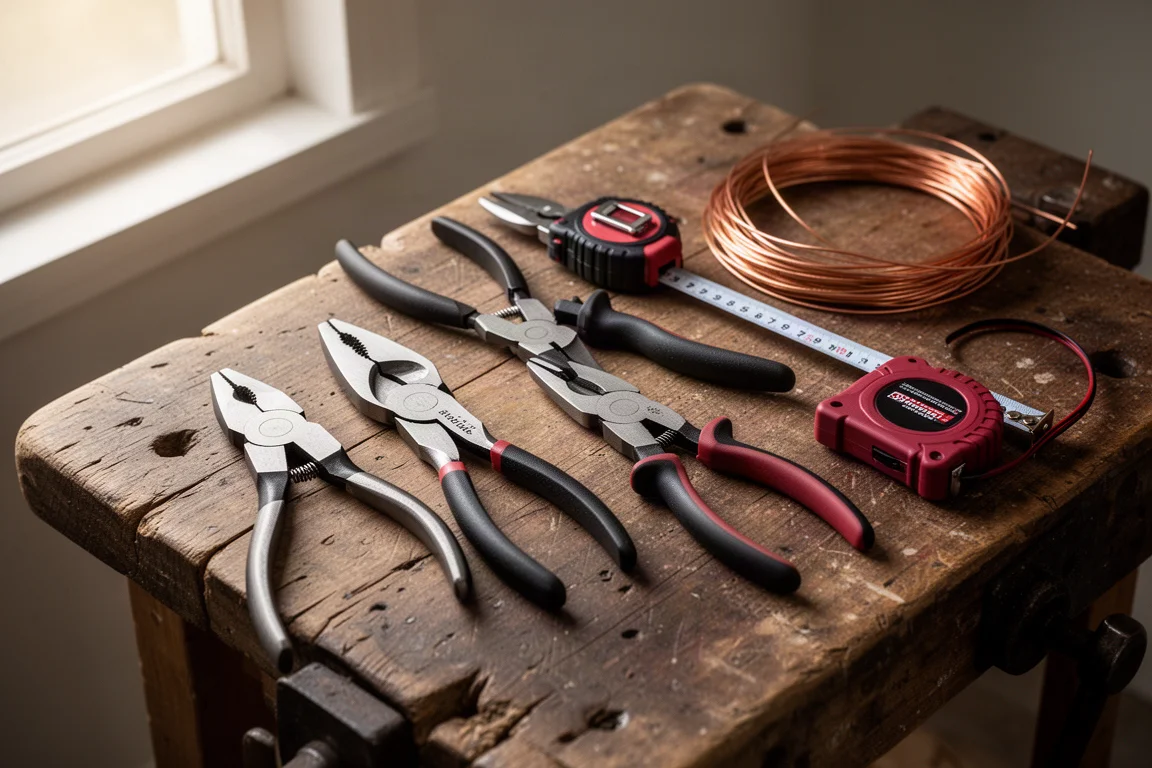 Electrician's workbench with pliers and cutters laid out for a job