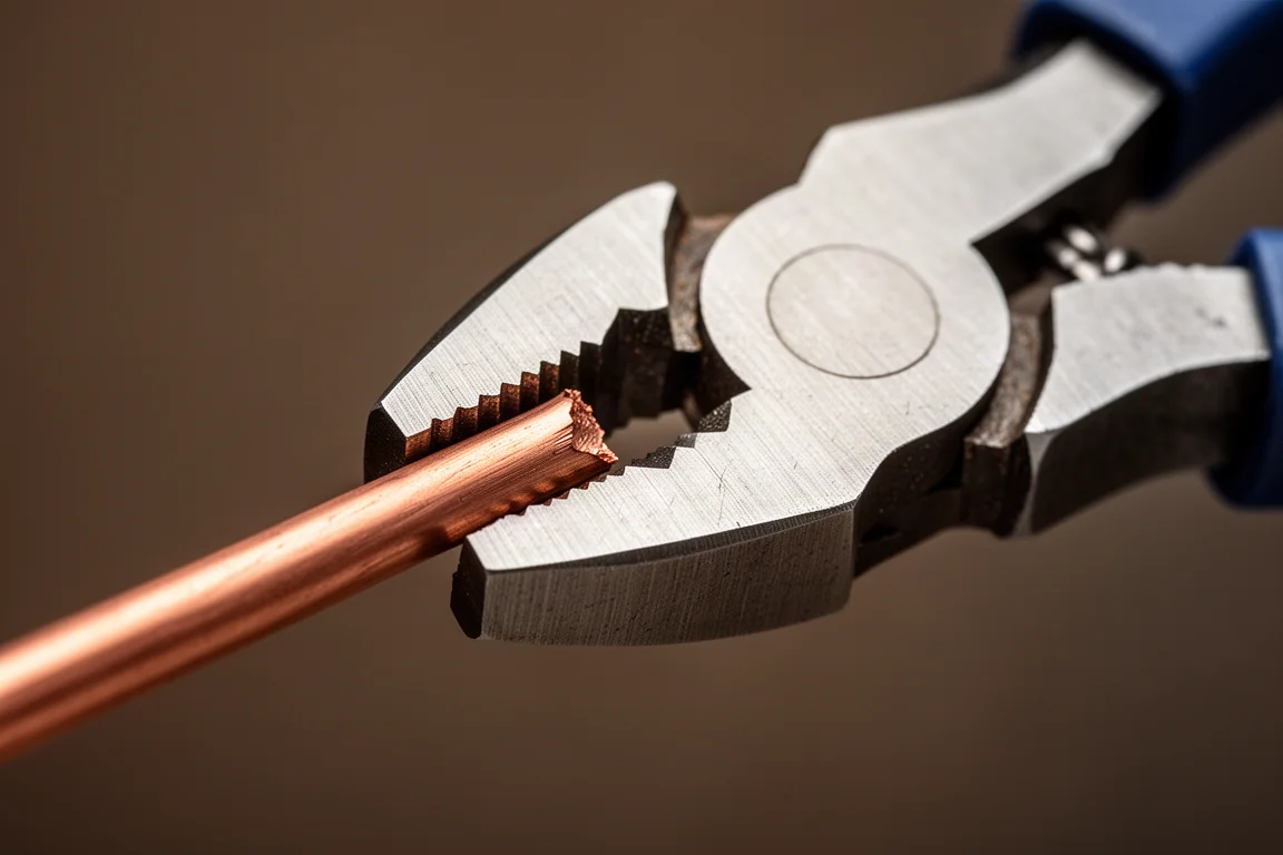Close-up of heavy pliers jaws cutting thick copper wire