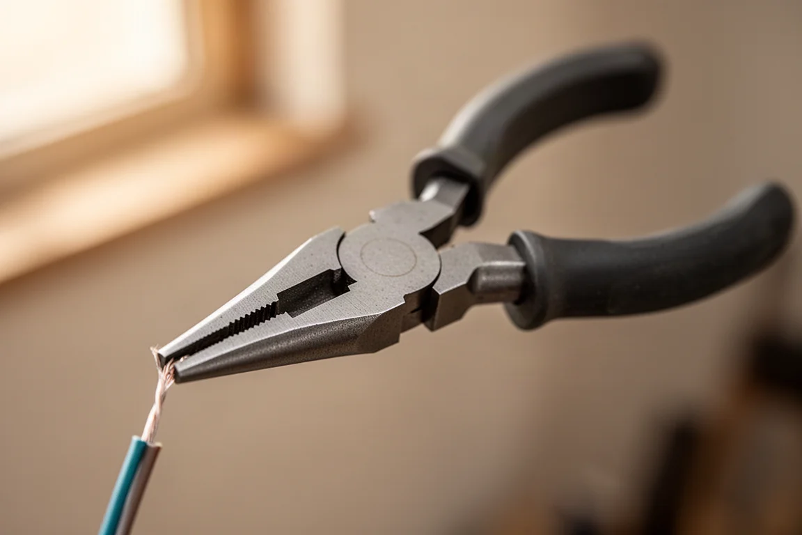 Beefy needle-nose pliers gripping a small wire on a workbench