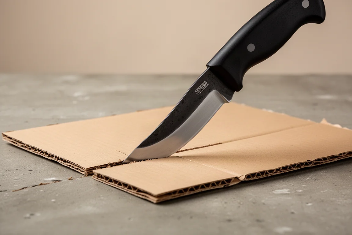 Hawk bill knife cutting through thick cardboard on a workbench