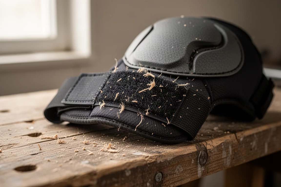 Cinghia in velcro intasata di segatura su una ginocchiera datata