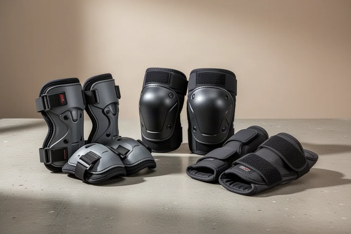 Three pairs of knee pads in different styles arranged on a concrete surface