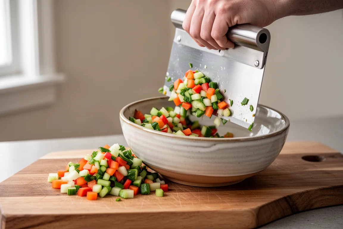 Bench scraper sliding chopped vegetables into a mixing bowl on a wooden board