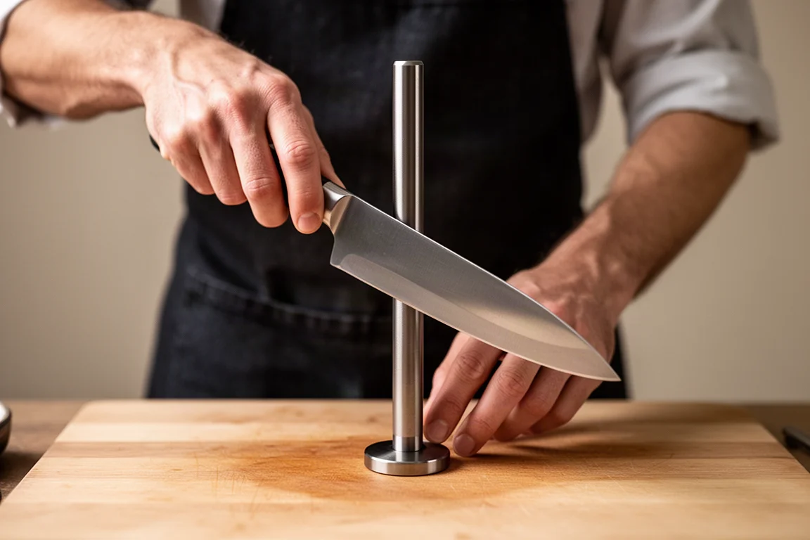 Hands honing a kitchen knife against a sharpening steel at a fifteen degree angle