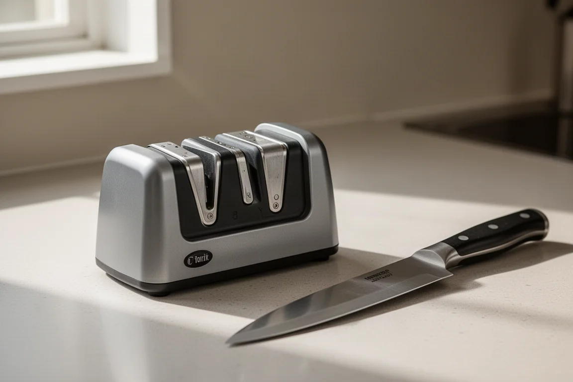 Electric knife sharpener with three slots on a kitchen counter