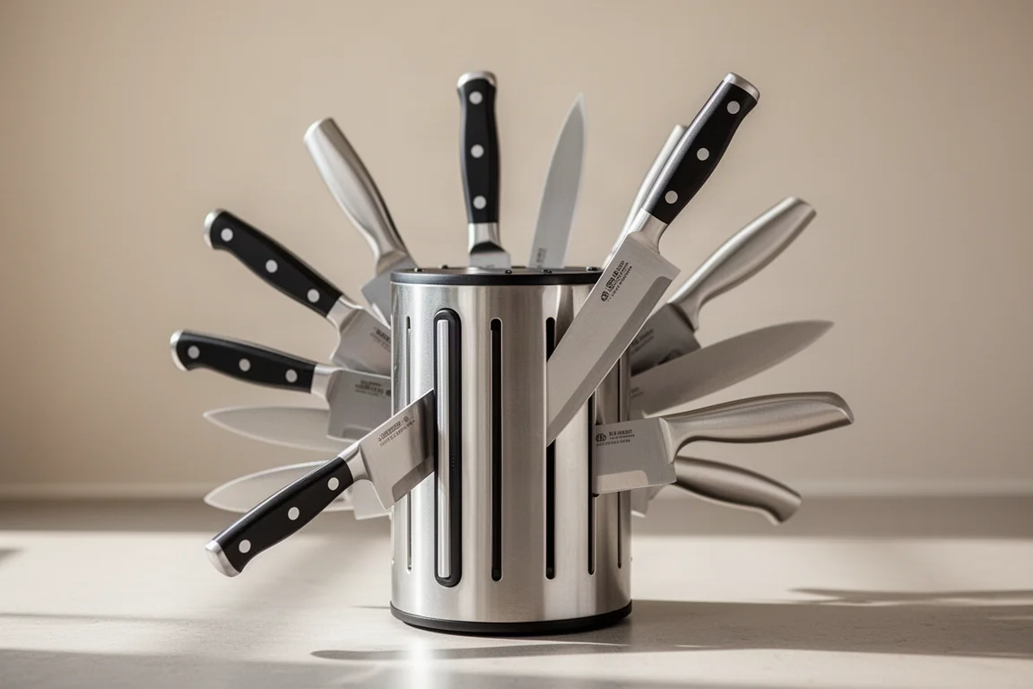 Rotating magnetic knife block holding several kitchen knives on a counter