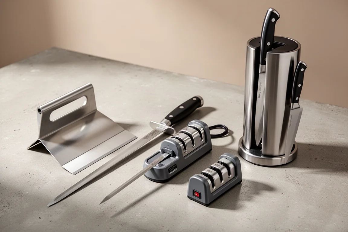 Five knife care tools including a bench scraper, honing steel, sharpeners, and magnetic knife block on a concrete surface