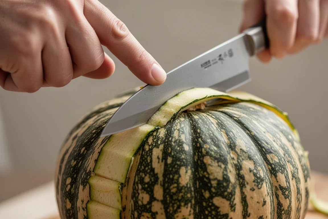 Ein Messer schält die Schale eines Kürbises entlang seiner gewölbten Oberfläche