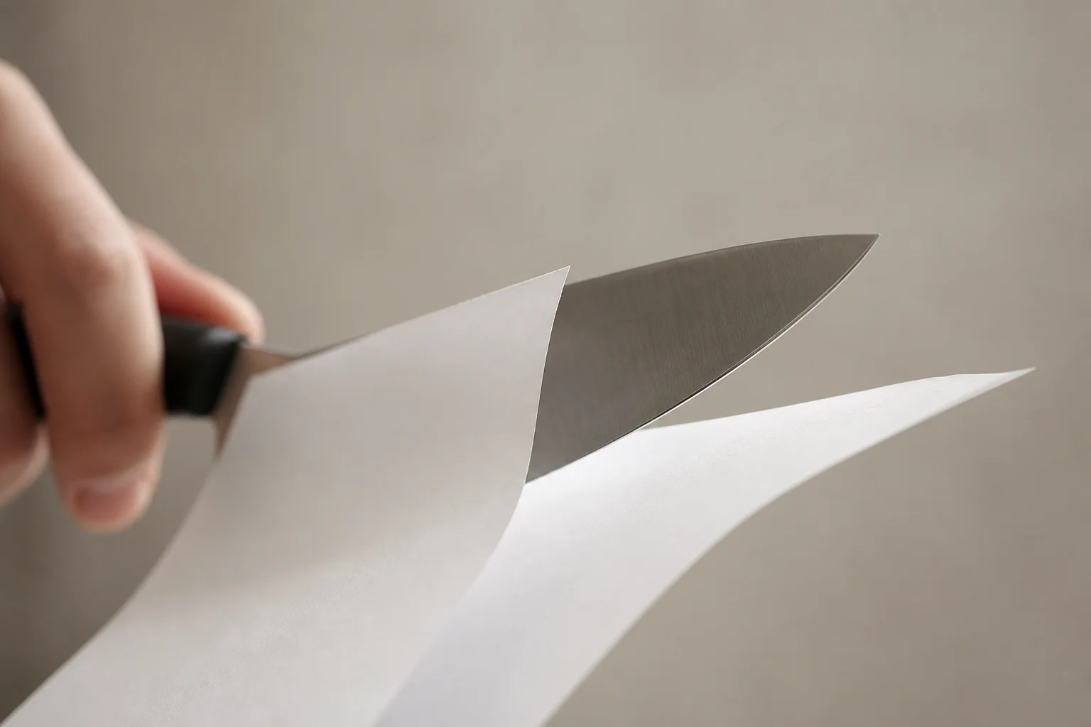 Faca afiada cortando papel com facilidade