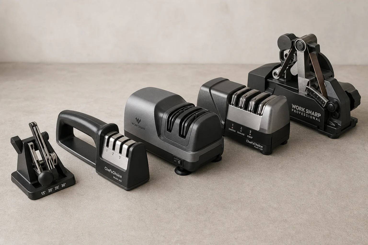 Five knife sharpeners arranged on concrete surface from manual to professional electric models