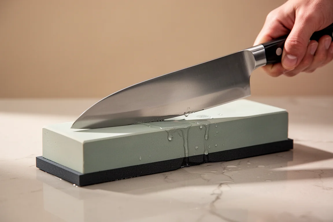 Filo de cuchillo puliéndose hasta un borde fino en una piedra de grano alto