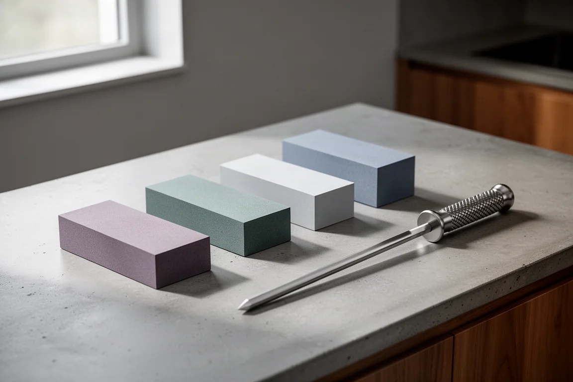 Set of waterstones and a honing steel arranged on a kitchen counter
