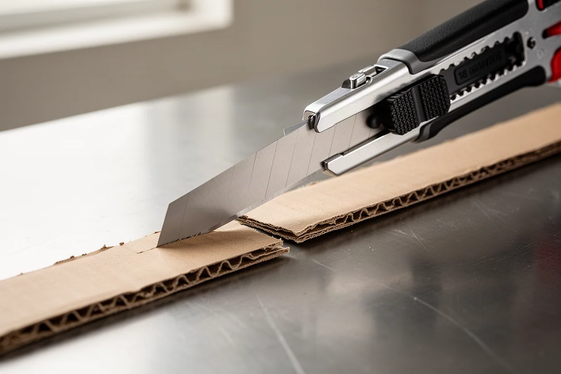 Cutter de cuchilla segmentada con la hoja extendida cortando cartón