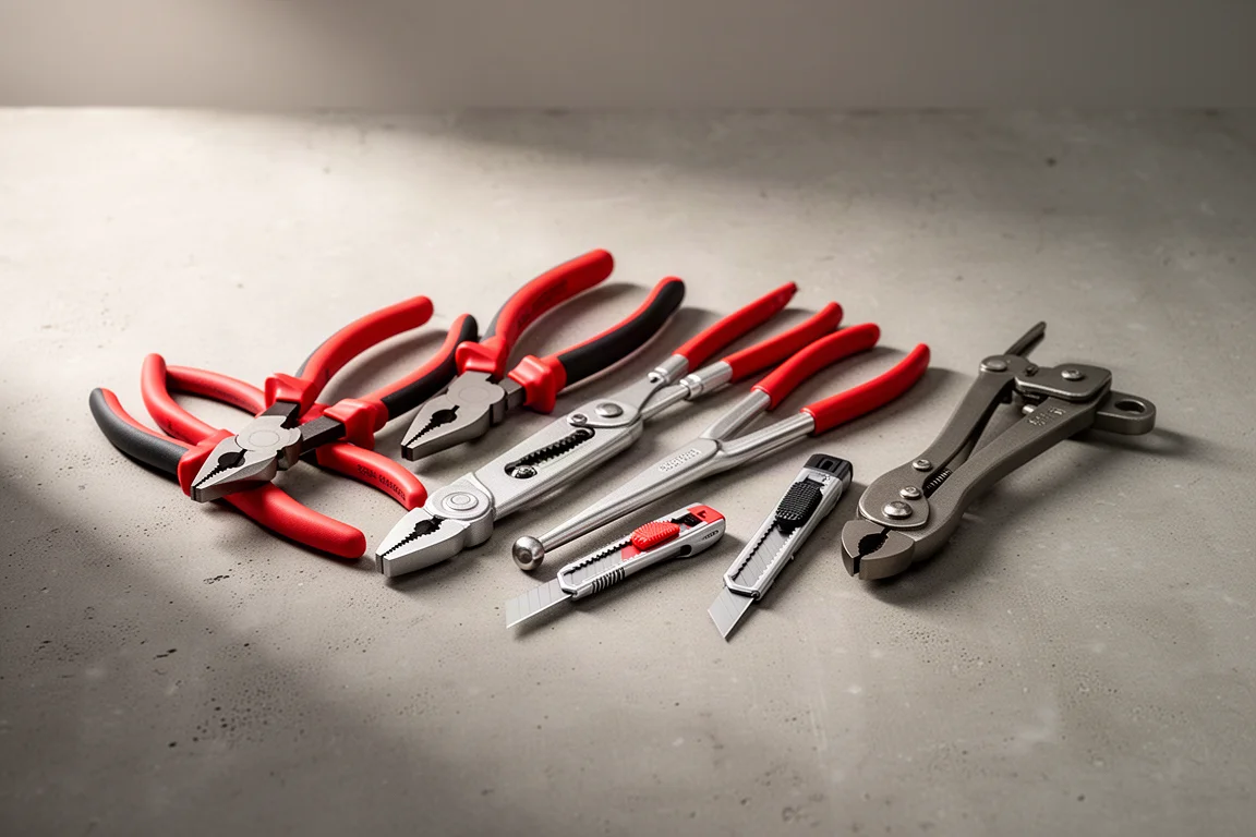 Colección de alicates Knipex, un cutter y tenazas de corte frontal sobre una superficie de hormigón