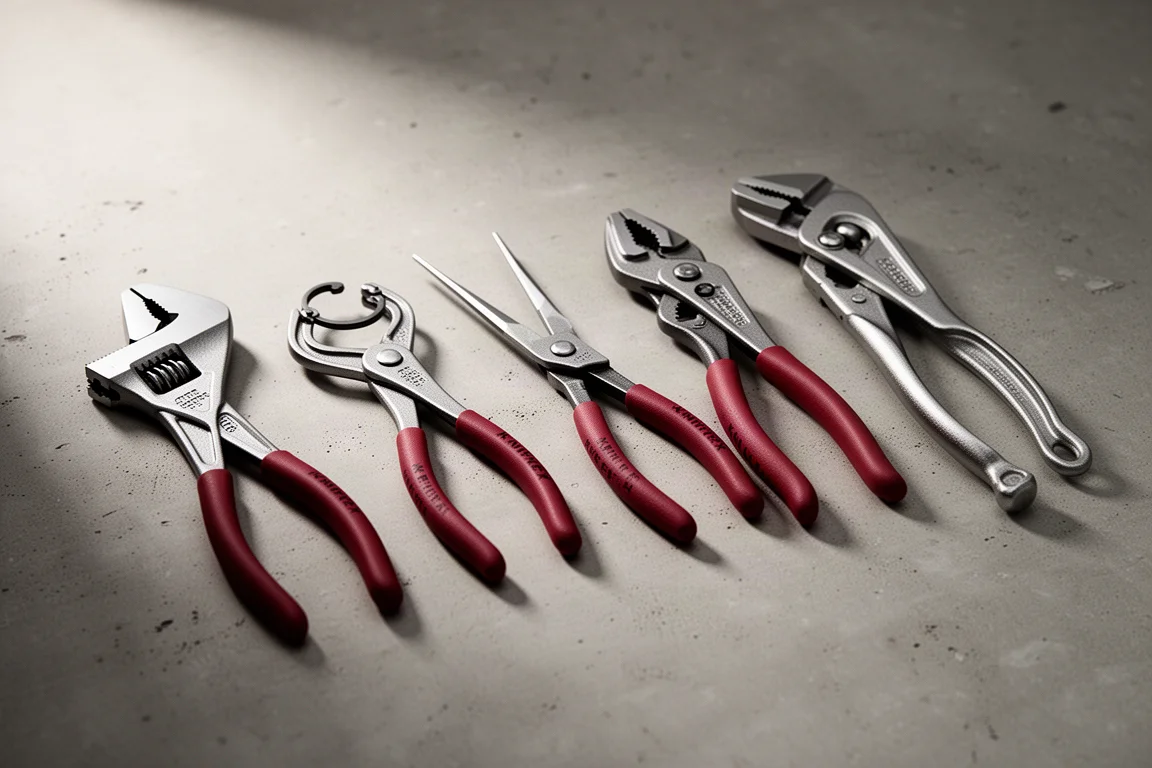 Cinco alicates Knipex dispostos sobre uma superfície de concreto em oficina