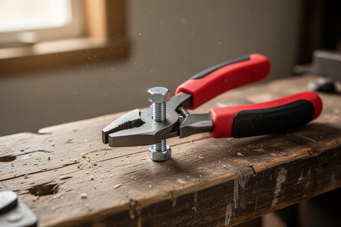 Knipex TwinGrip-Zange greift ein Gewindefastner auf einer Werkbank