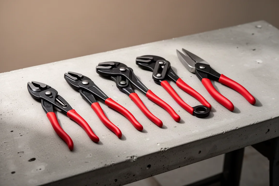 Vijf Knipex-tangen met rode handvatten in een rij op een betonnen werkbank