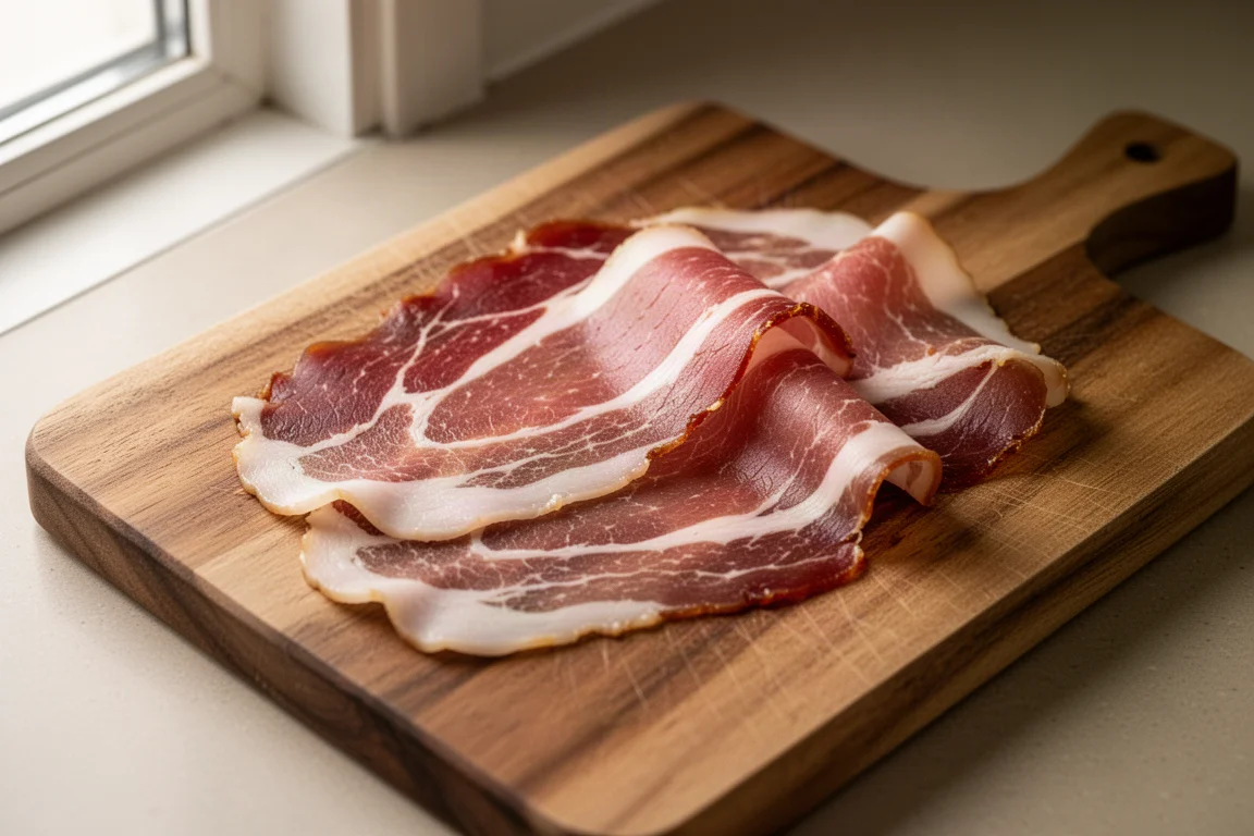 Thin slices of guanciale arranged on a cutting board beside a knife