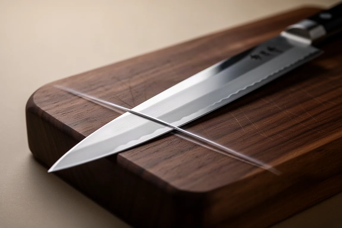 Close-up of a thin polished gyuto blade resting on a dark cutting board
