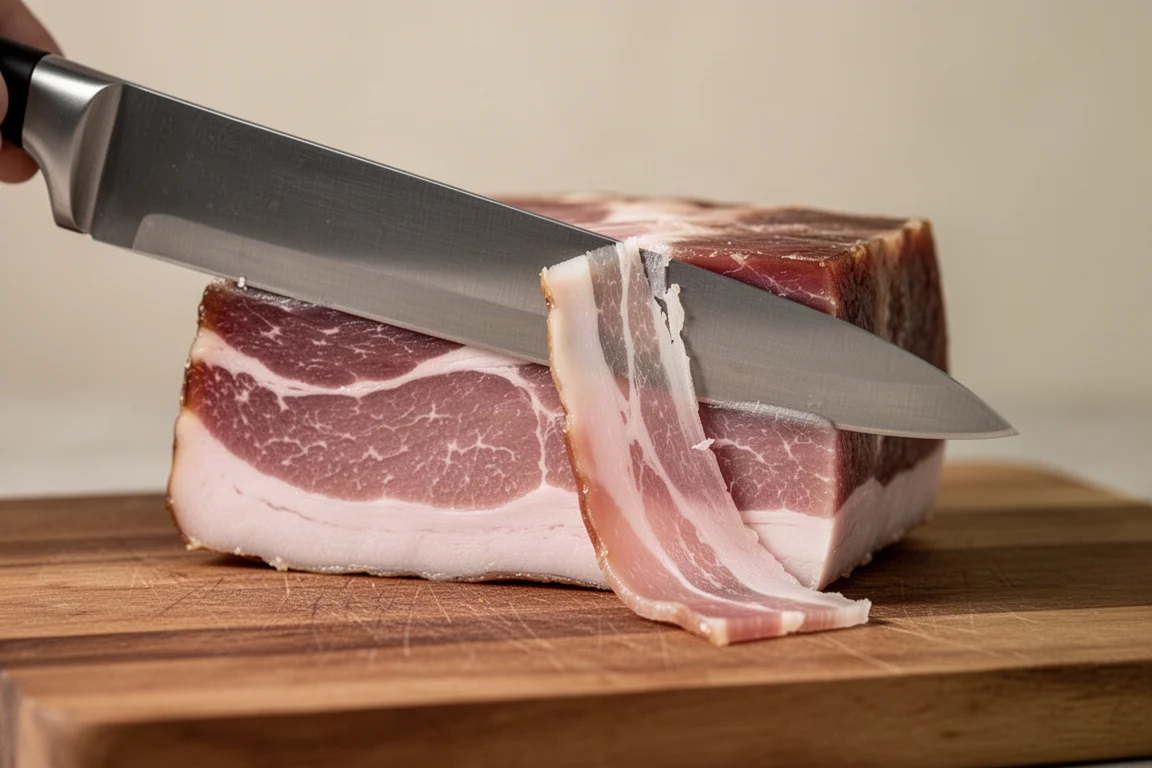Slicing knife gliding through cured pork on a board in soft light