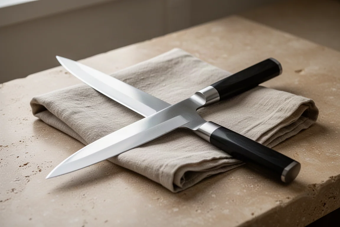 Long sujihiki slicing knife with curved tip on a linen cloth