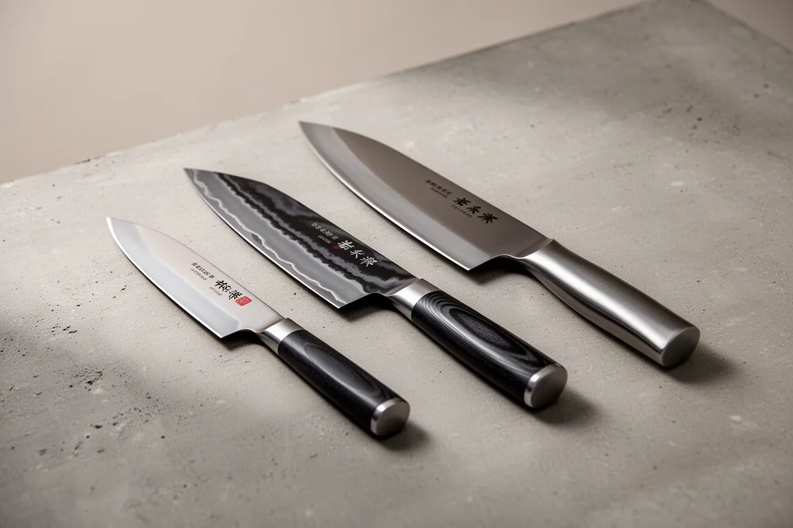 Three Japanese kitchen knives of different lengths arranged side by side on concrete