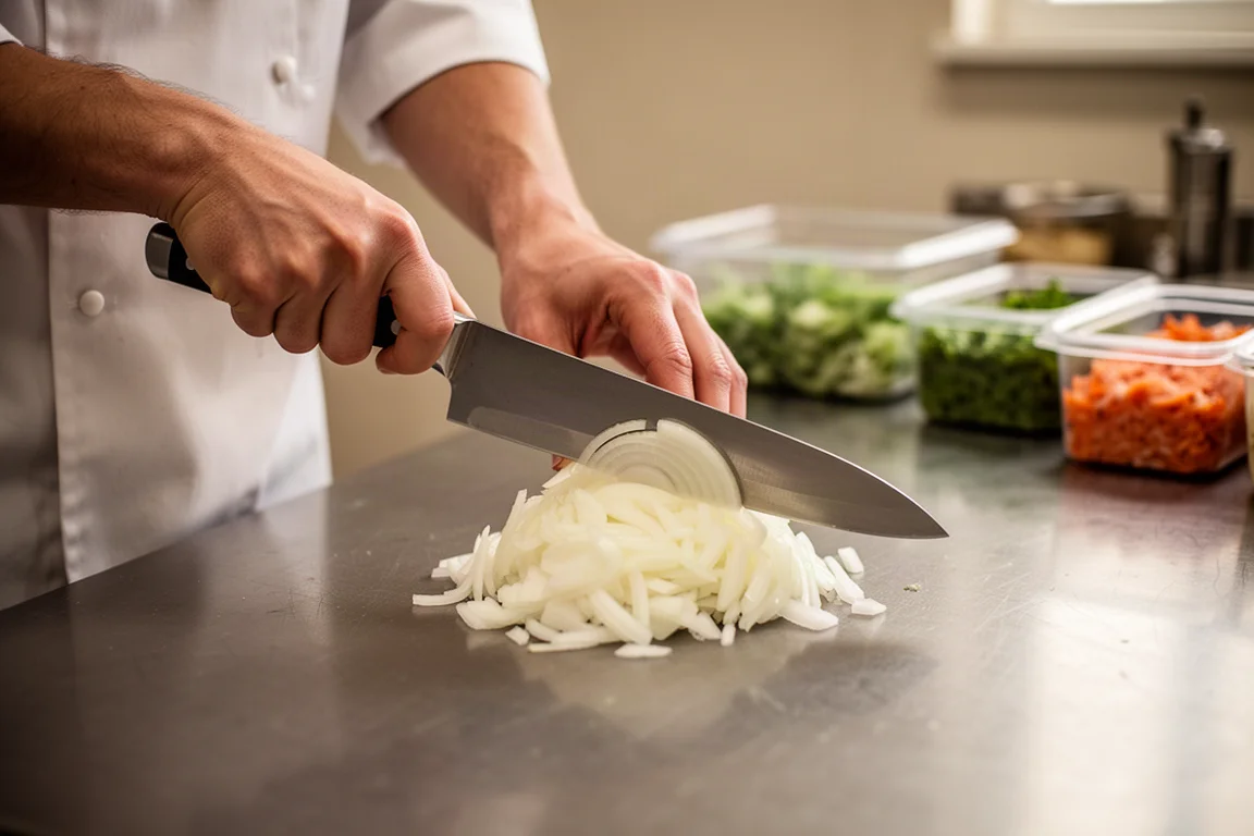 Chef slicing a mound of onions on a stainless prep table in a professional kitchen