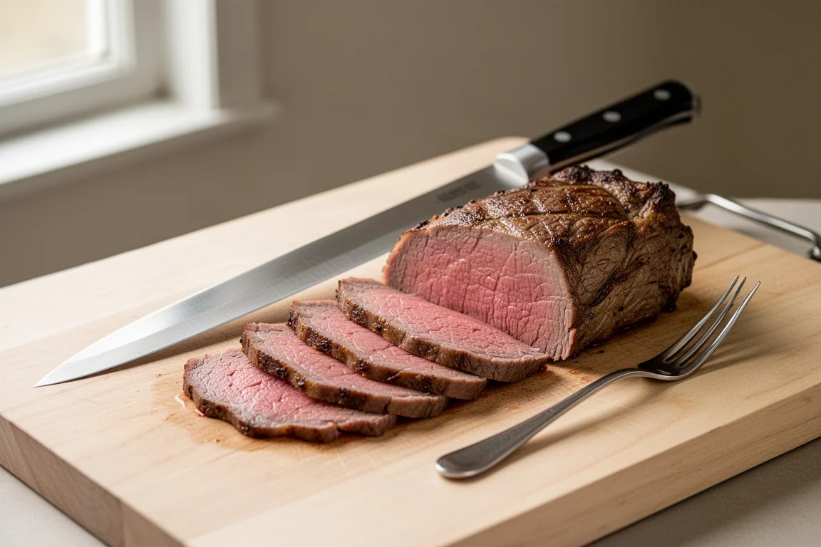 Thin slices of roast beef falling from a long slicing knife on a wooden board
