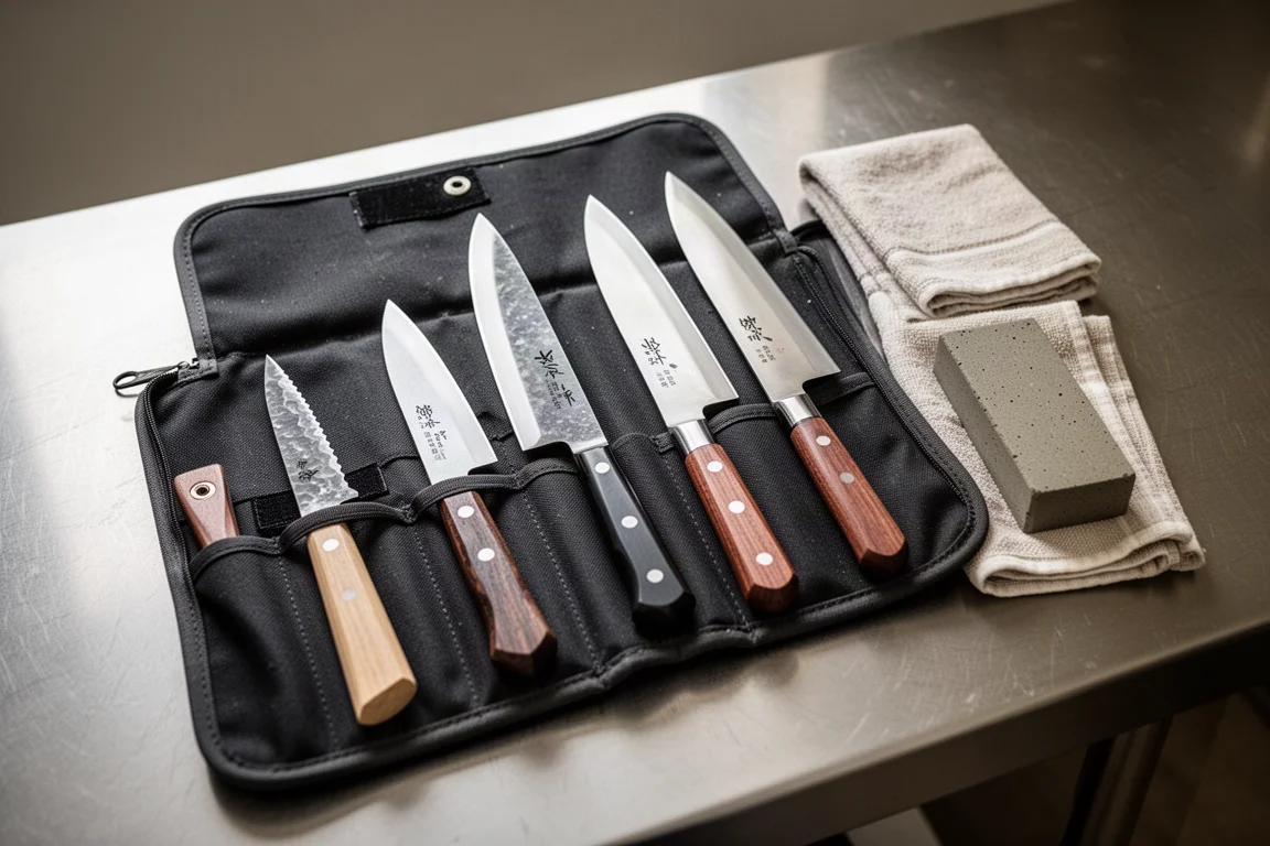 Chef's knife kit laid out on a counter after a long service shift