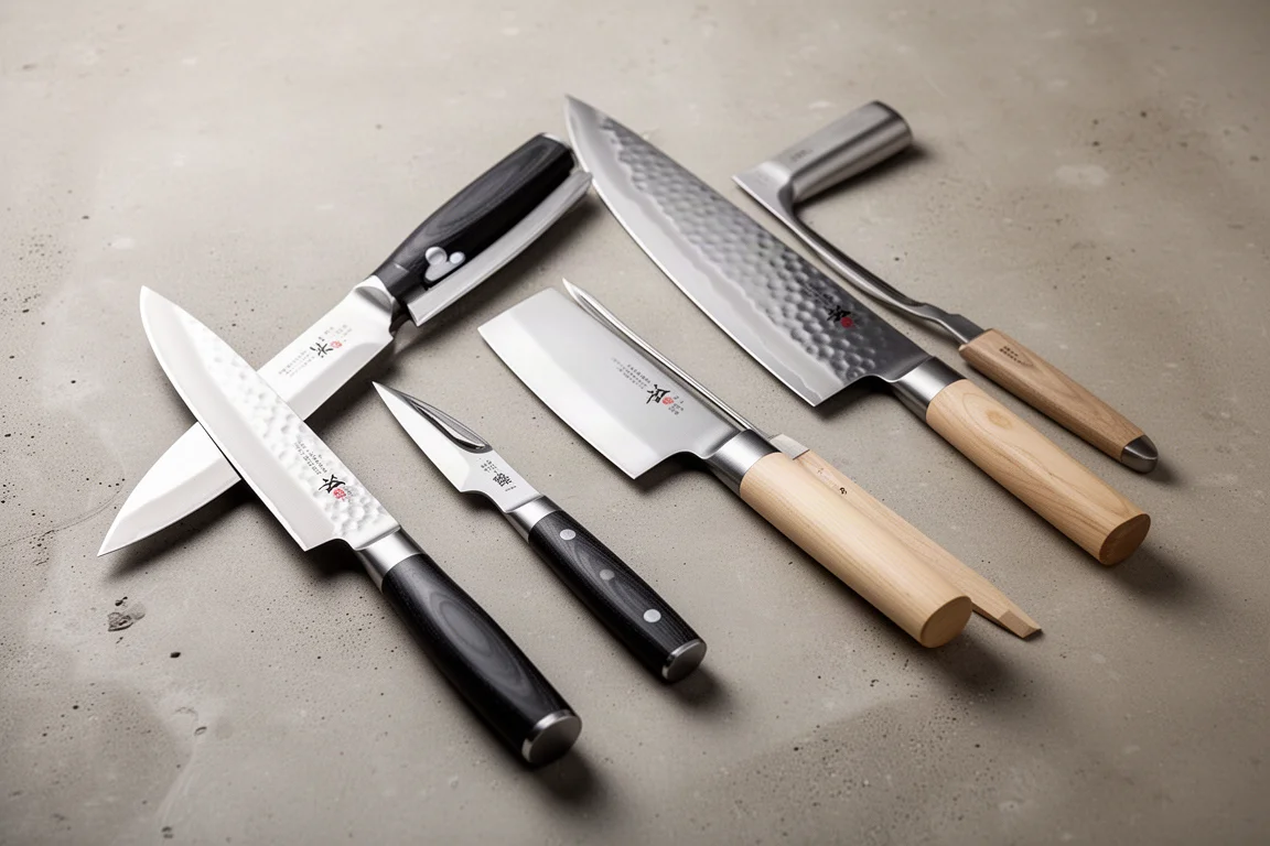 Lineup of Japanese kitchen knives on a matte concrete surface
