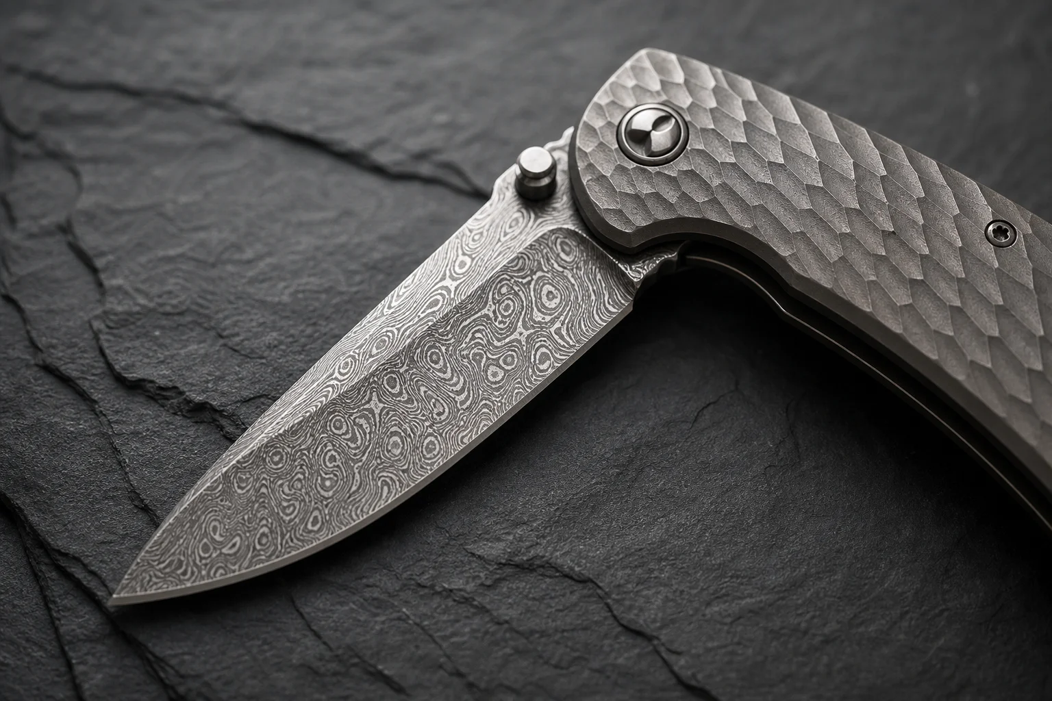 Close-up of a premium folding knife with a Damasteel blade and titanium handle on a dark surface