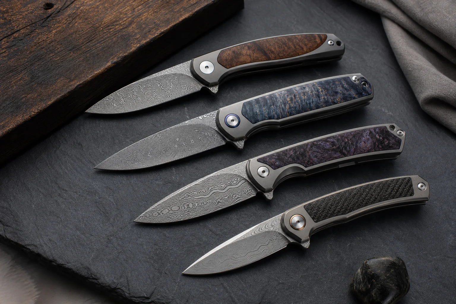 Premium folding knives with titanium handles and Damasteel blades on a dark slate surface