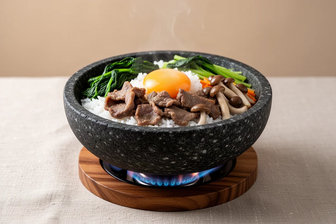 Stenskål med bibimbap och krispig ris, grönsaker och en rå äggula på ett träunderlägg