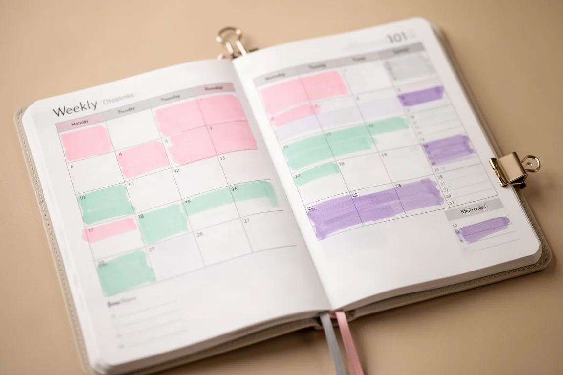 Open planner spread with pastel color coordination and a binder clip on the cover