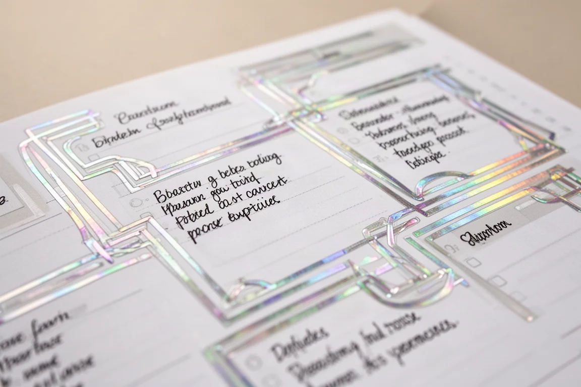 Holographic line stickers applied to a planner page catching the light