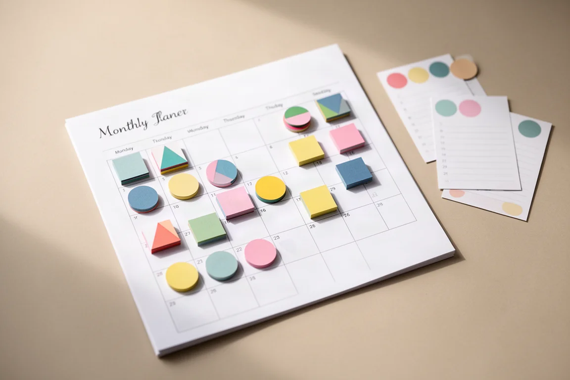 Planner calendar squares marked with small geometric mini sticky notes