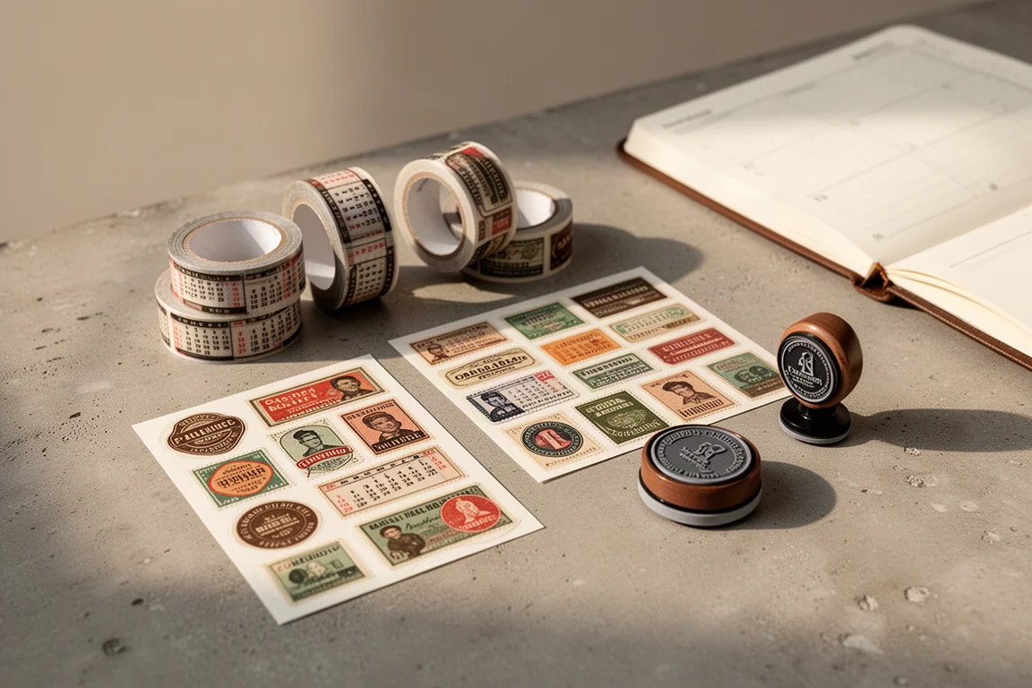Washi tape and stamp-style stickers arranged on a desk beside a planner