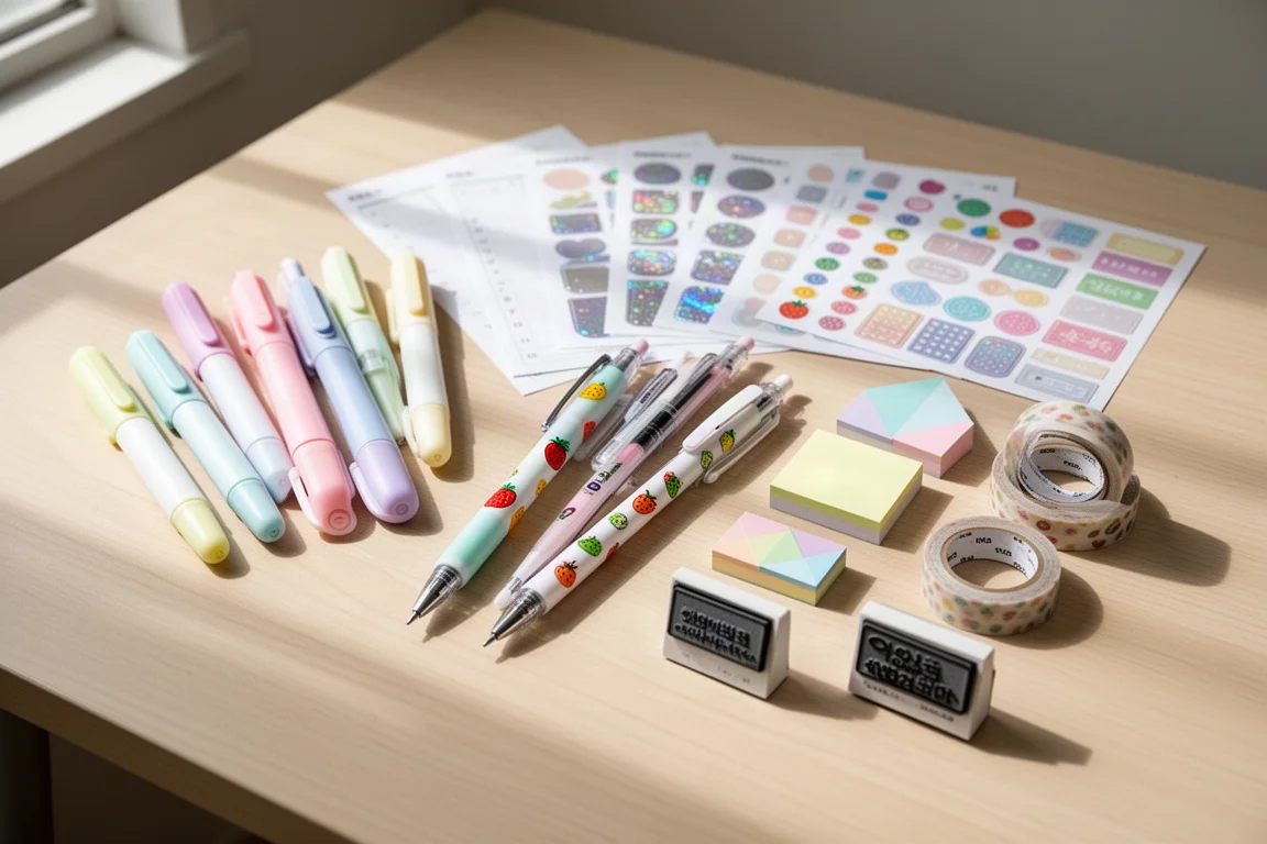 Flat-lay of Korean planner supplies including highlighters, stickers, washi tape, and stamps
