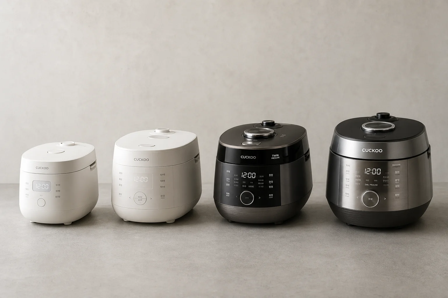 コンクリートの上に並べられた、サイズと機能が異なる4台のCuckoo製炊飯器