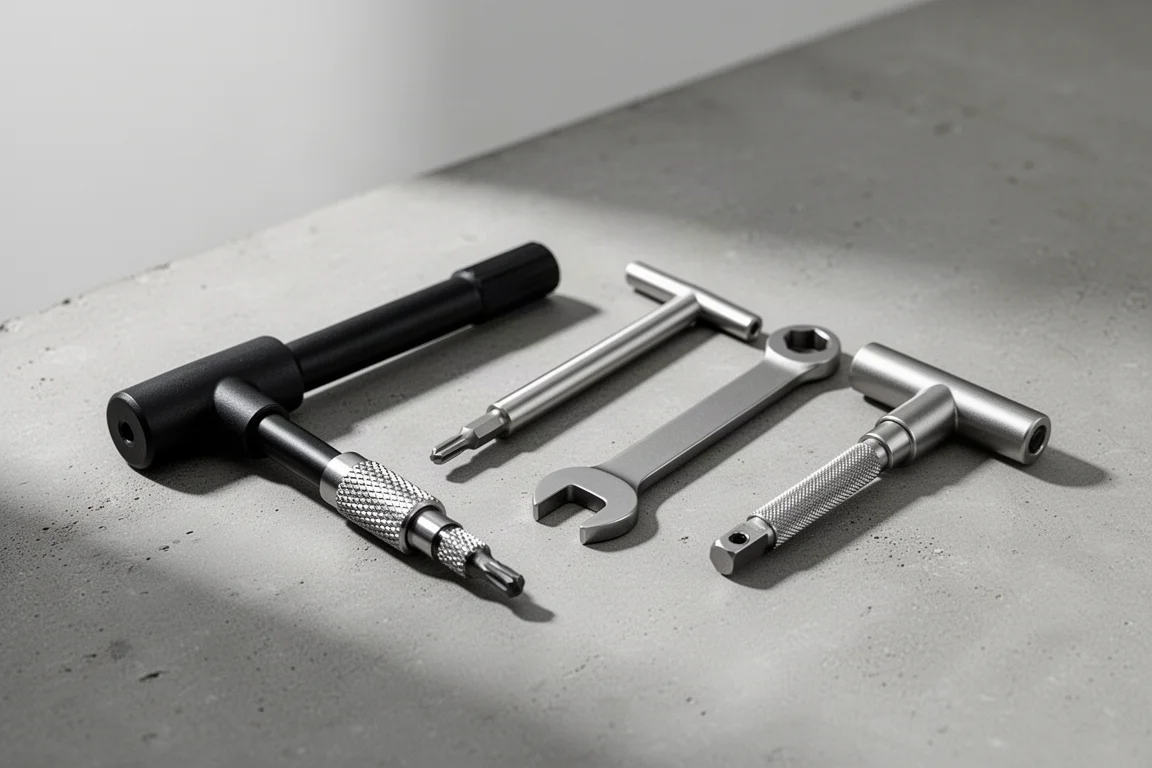 Four L-shaped and T-handle hand tools arranged on a concrete surface