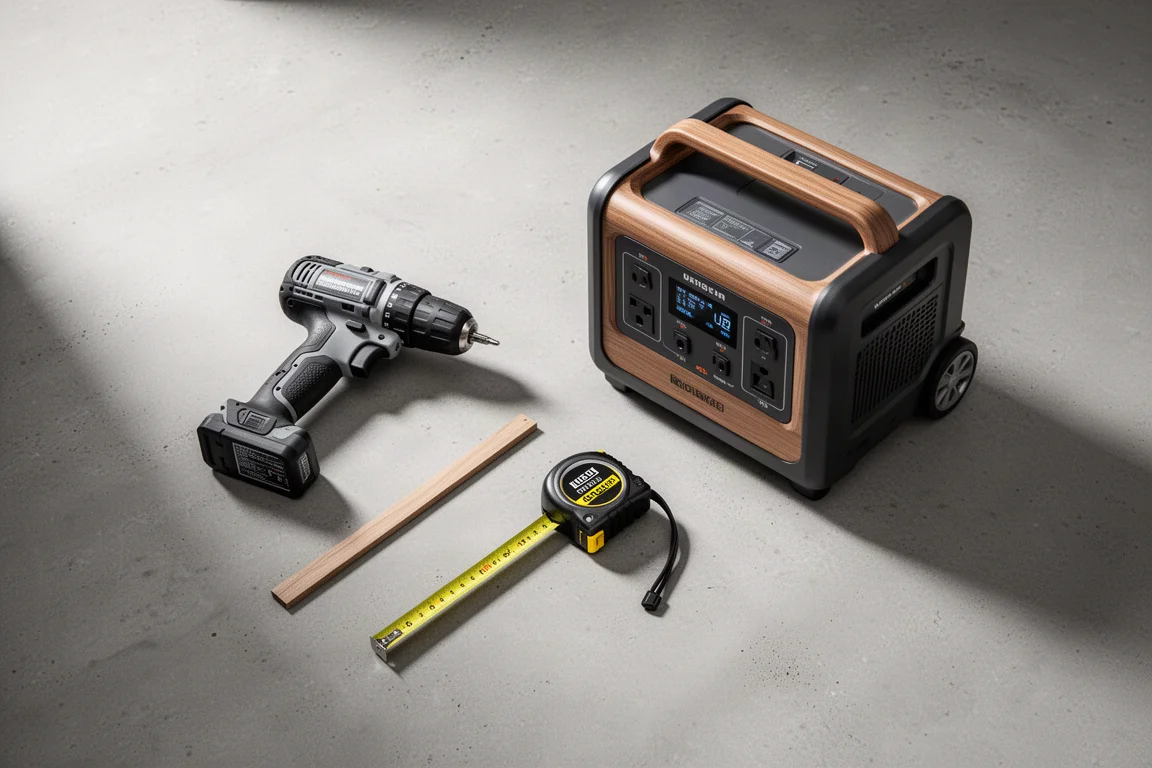 Cordless drill, measuring tape, and portable power station arranged on concrete