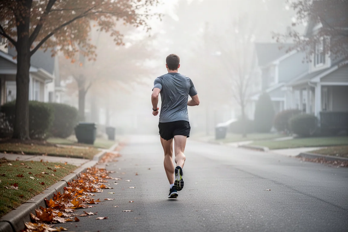 Un runner che esce per una corsa facile al mattino sulle strade fresche d'autunno